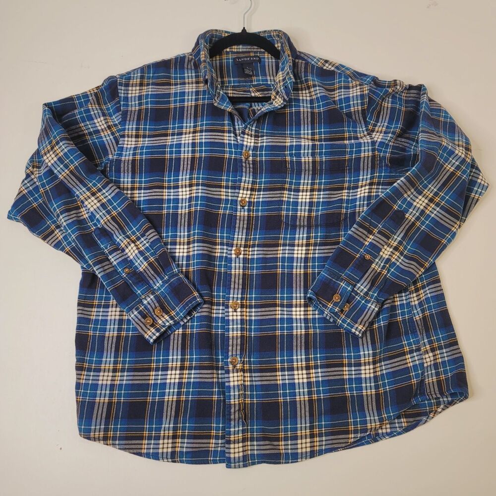 Lands’ End Men’s Flannel Shirt L Blue Plaid 100% Cotton Button Up Pocket EUC